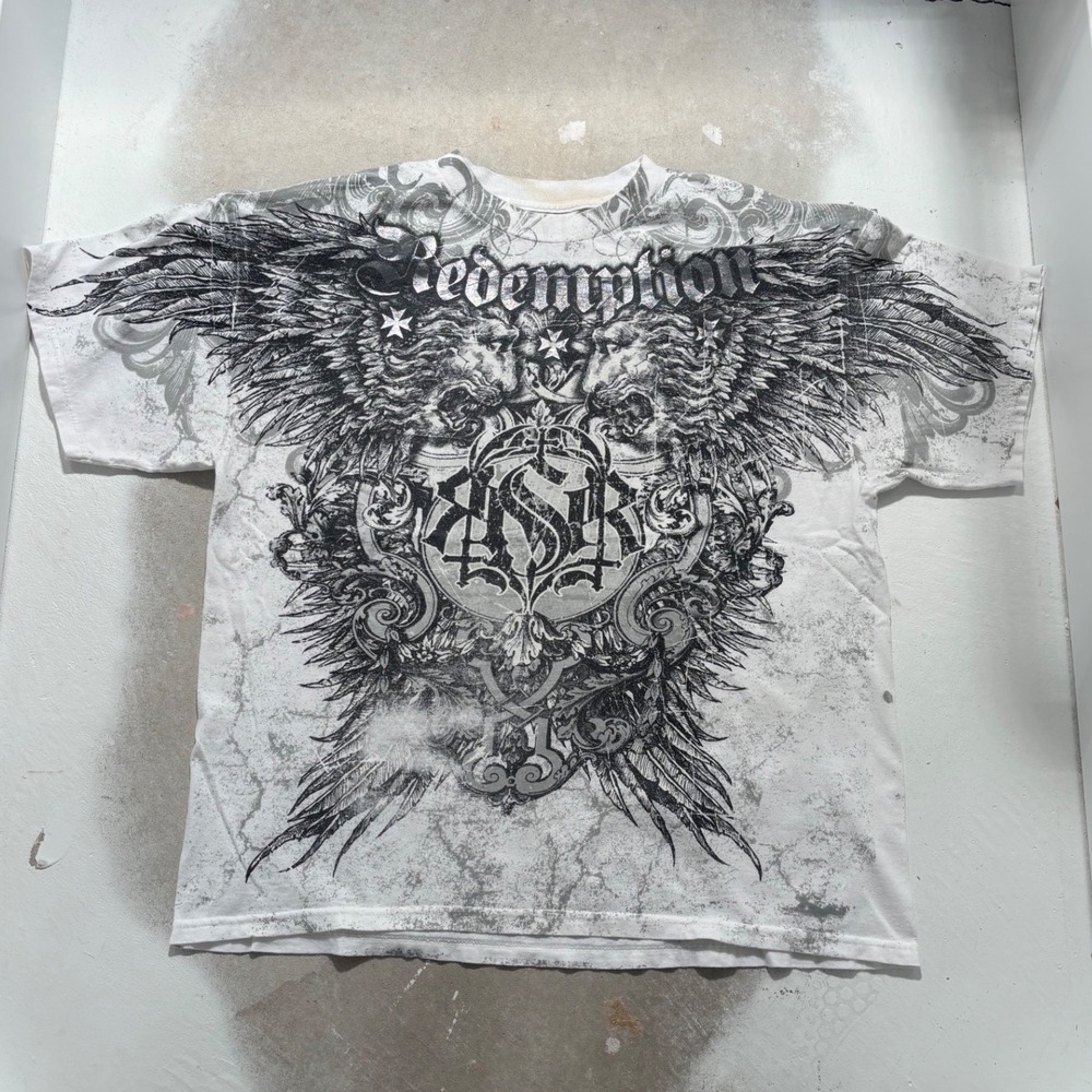 Raw State Redemption Winged Lion Graphic T-Shirt Mens XL White Grey Y2K MMA Tee
